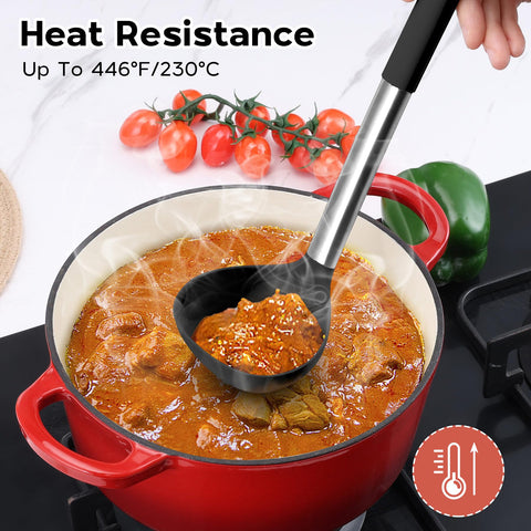 Onader deep soup ladle reaches into pots with smooth pouring.