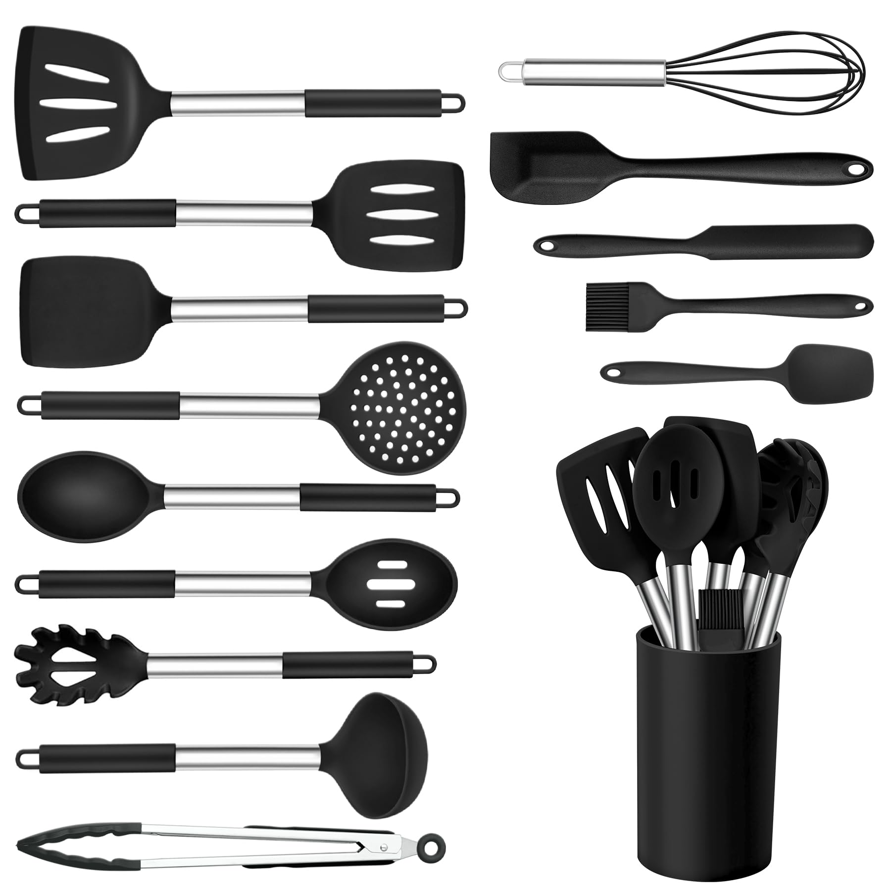 Onader 15-piece silicone utensil set with holder, ideal for keeping nonstick pans scratch-free.