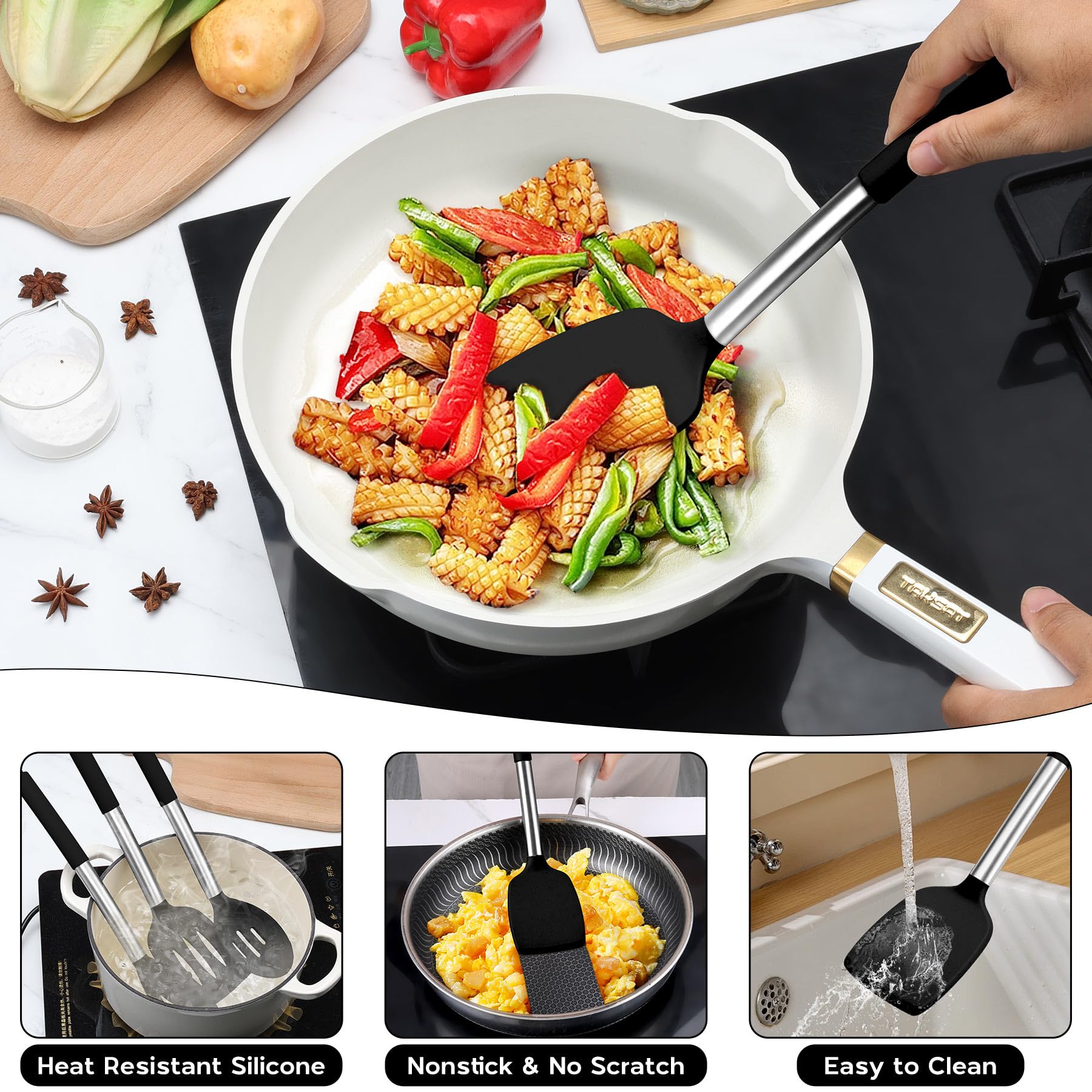 Onader slotted spatula with holes protects cookware while stirring with drainage holes.