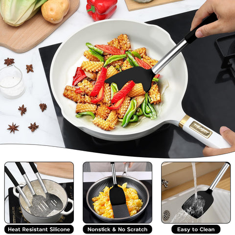 Onader slotted spatula with holes protects cookware while stirring with drainage holes.