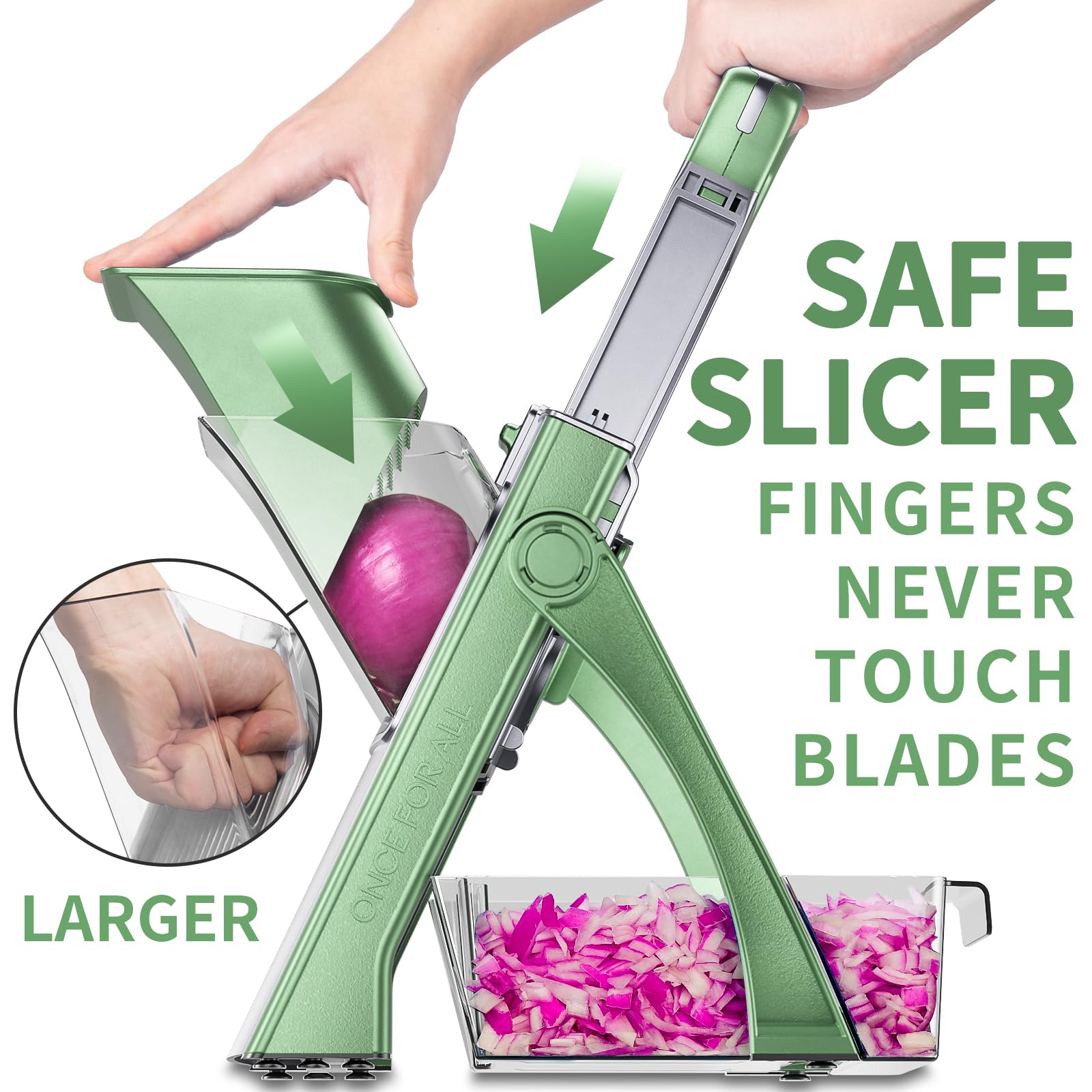JS03 green slicer side view highlights ergonomic handle and stability.
