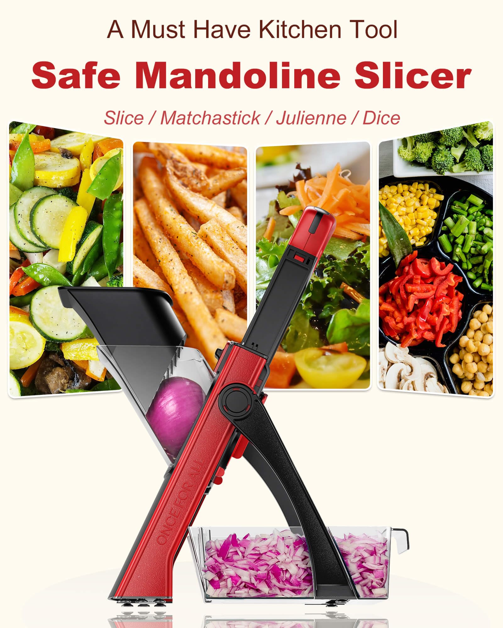 ONCE FOR ALL Safe Mandoline Slicer slicing and dicing option for versatile prep