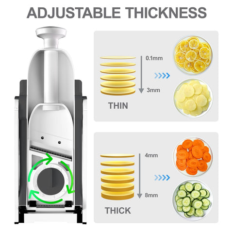 ONCE FOR ALL Safe Mandoline Slicer adjustable 0.1–8 mm for various produce.