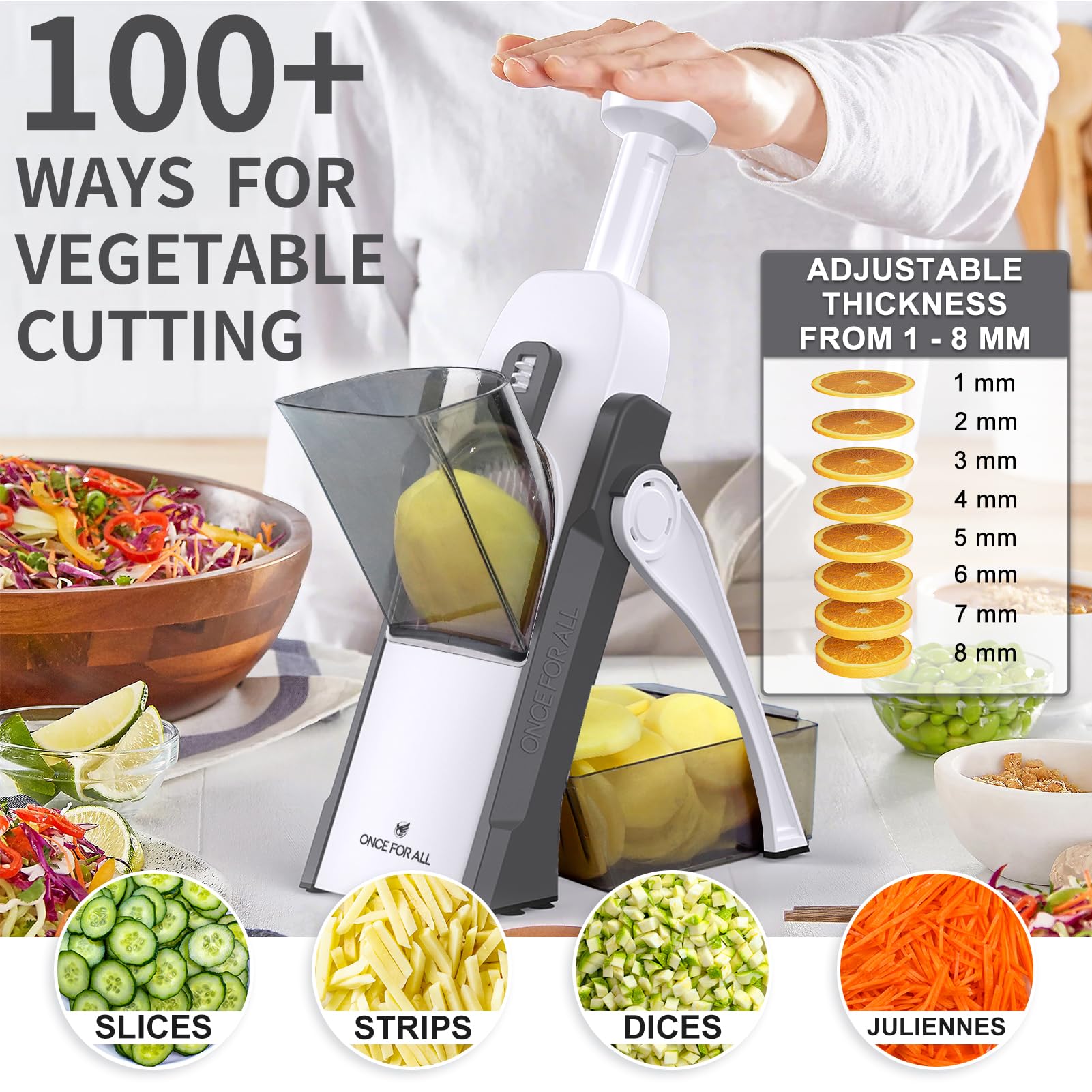 ONCE FOR ALL Safe Mandoline Slicer adjustable-thickness control from 0.1 to 8 mm.