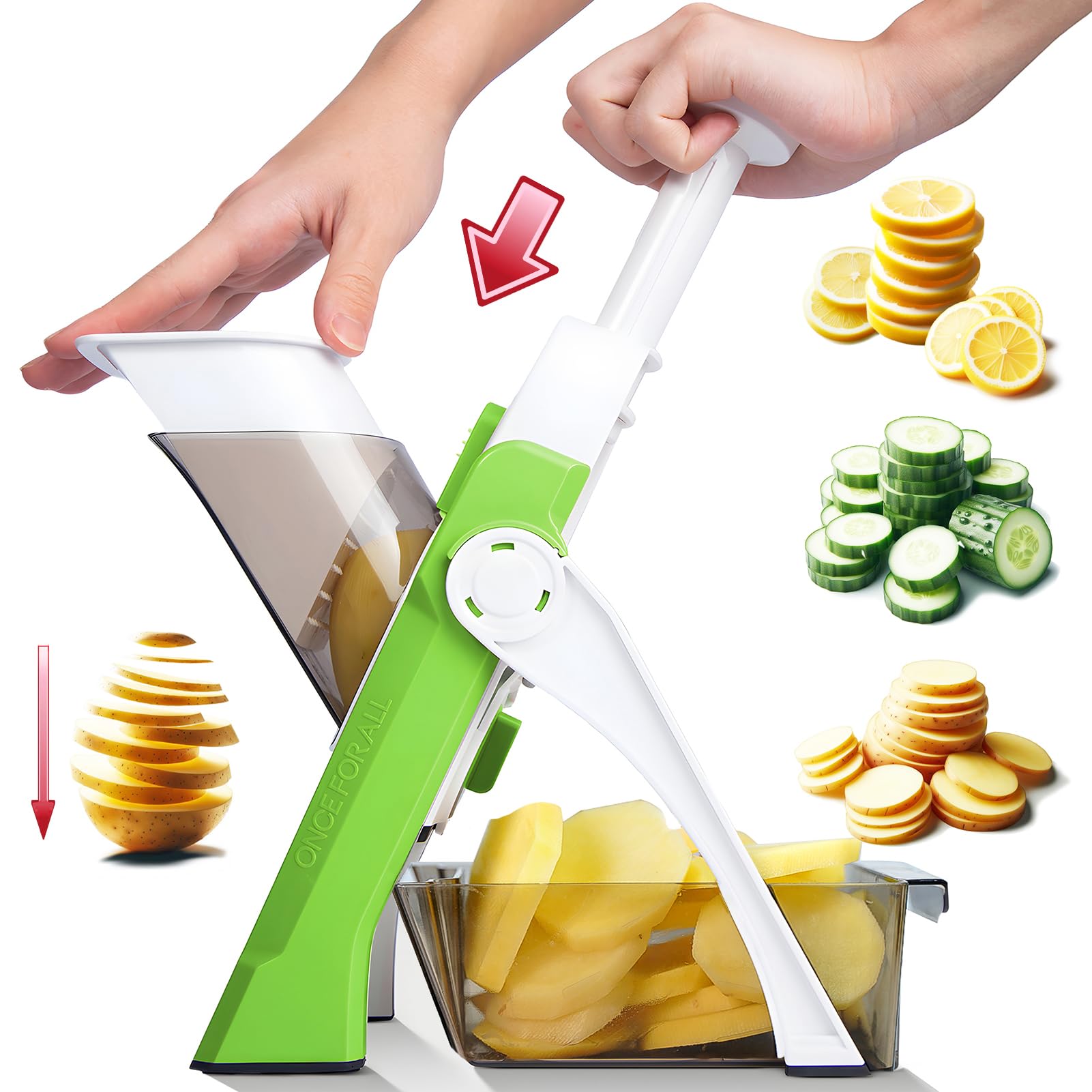 ONCE FOR ALL Safe Mandoline Slicer blade close-up for precise, uniform cuts.