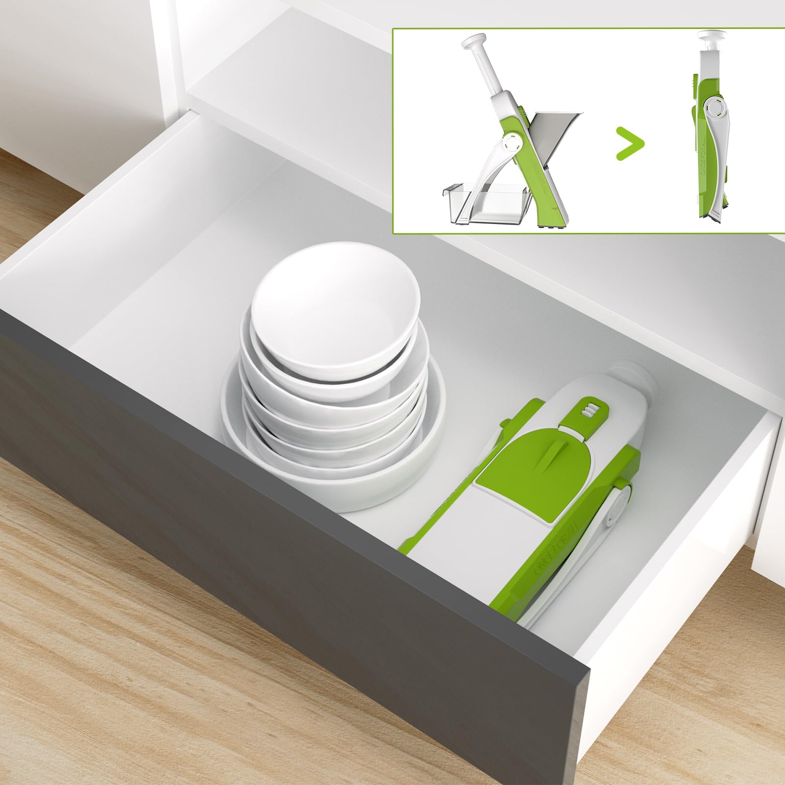 ONCE FOR ALL Safe Mandoline Slicer cleaning brush included for easy cleanup.