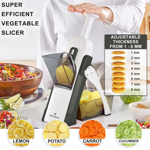 ONCE FOR ALL Safe Mandoline Slicer features eight thickness presets for consistent results.
