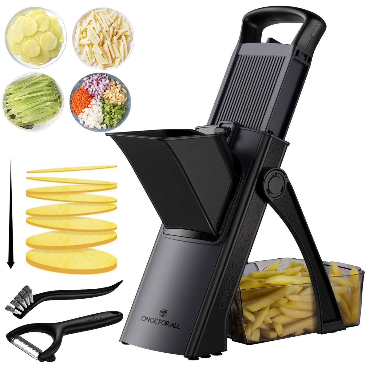 ONCE FOR ALL Safe Mandoline Slicer front view for precise, even slicing.
