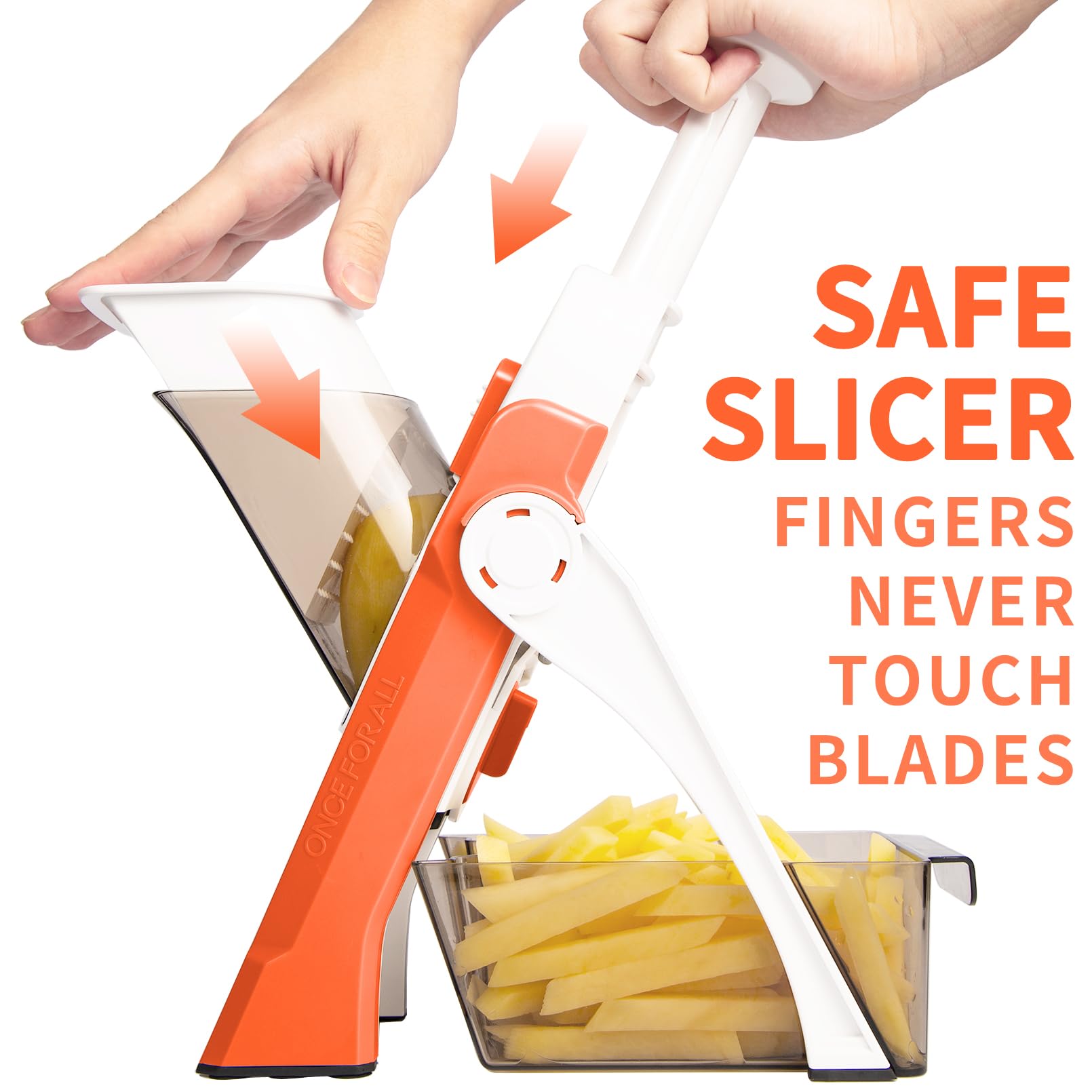 ONCE FOR ALL orange mandoline slicer demonstrates julienne mode for tidy matchsticks
