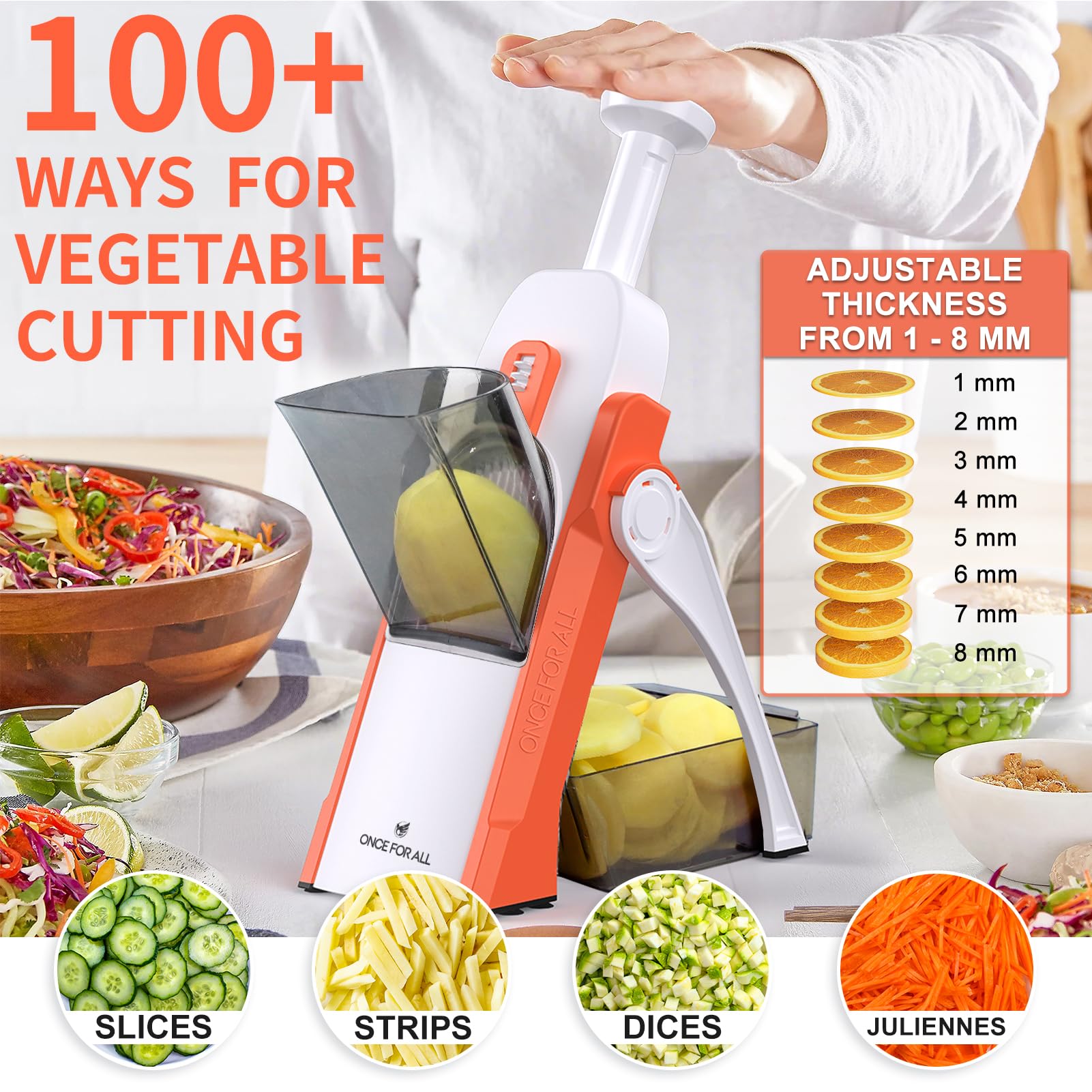 Adjustable thickness control on orange mandoline enables precise cuts from 0.1 to 8 mm
