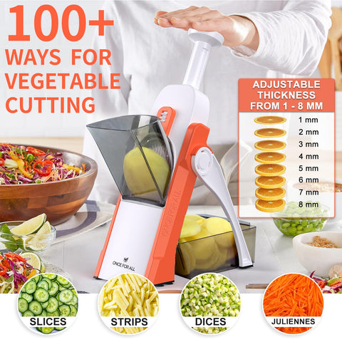 Adjustable thickness control on orange mandoline enables precise cuts from 0.1 to 8 mm