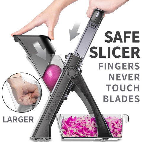 ONCE FOR ALL Safe Mandoline Slicer side view highlighting compact storage.