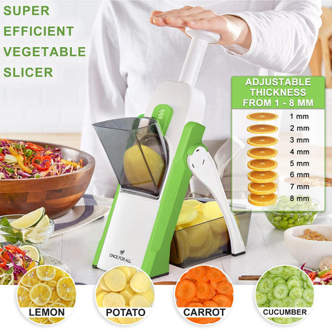 ONCE FOR ALL Safe Mandoline Slicer thickness dial shows 0.1-8 mm control.