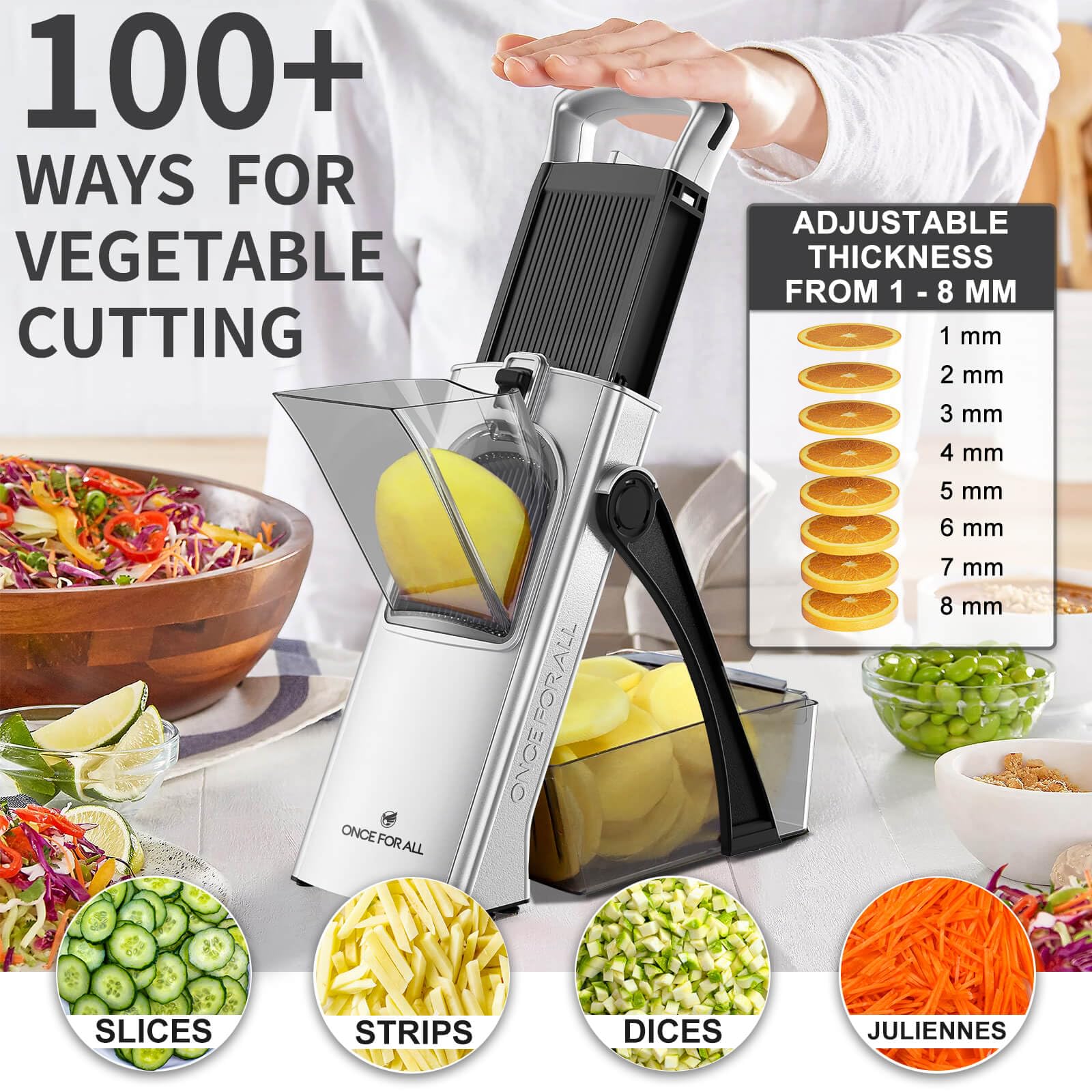 ONCE FOR ALL Upgrade Safe Mandoline Slicer Plus adjustable thickness 0.1 to 8 mm