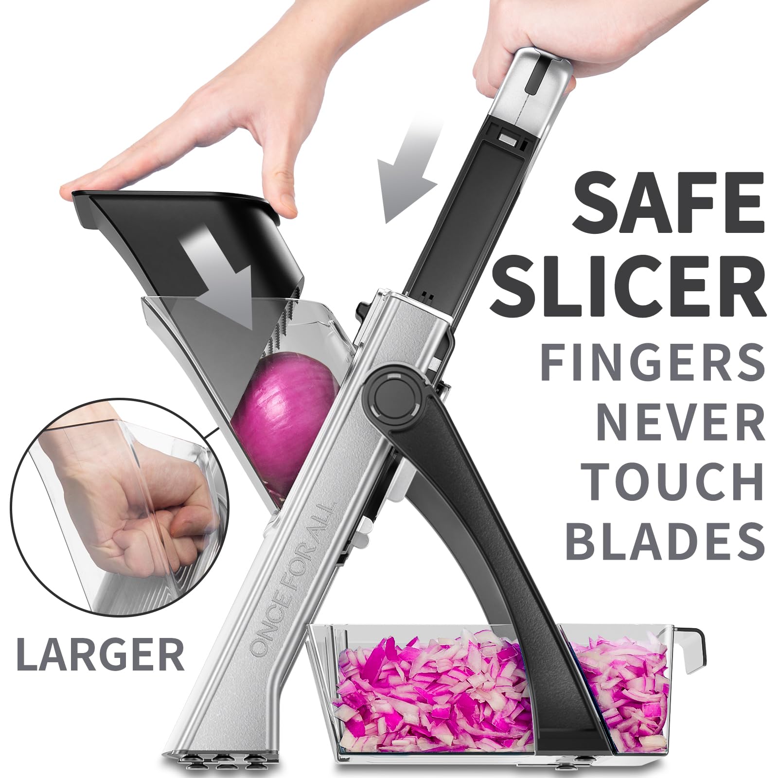 ONCE FOR ALL mandoline offers four modes for julienne, matchstick, slice, and dice