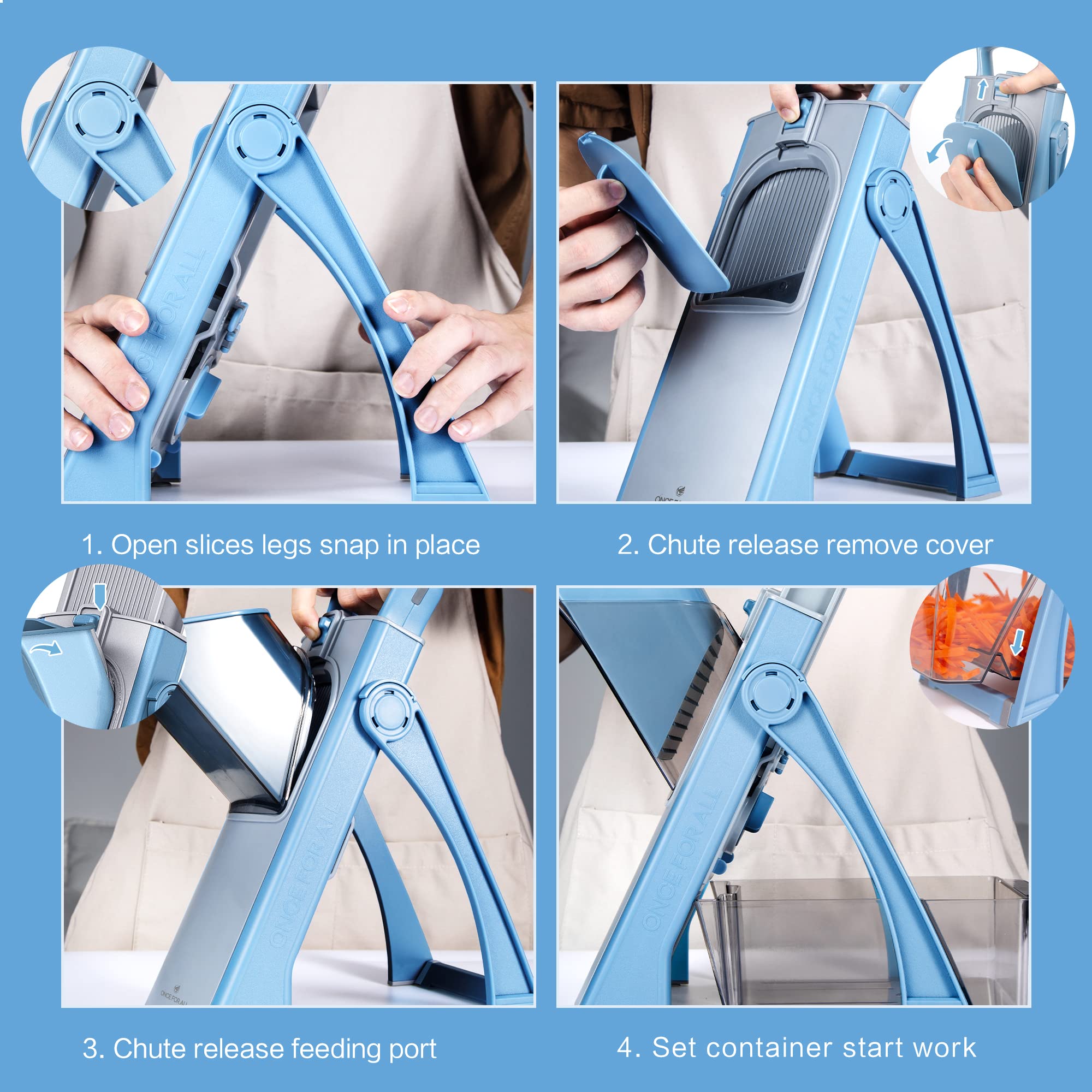 ONCE FOR ALL Upgrade Safe Mandoline Slicer Plus collapsible design enables easy cleaning and storage.