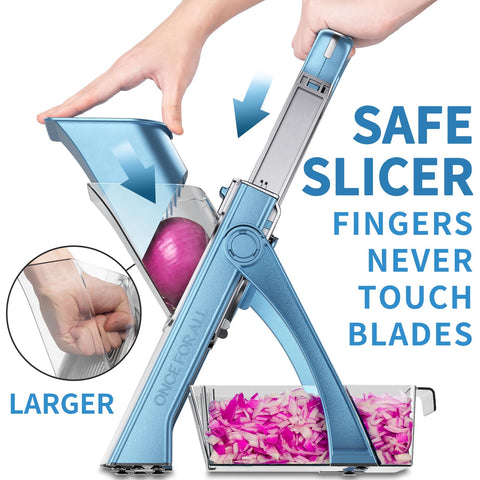 ONCE FOR ALL Upgrade Safe Mandoline Slicer Plus feeding port highlights large capacity for batch prep.