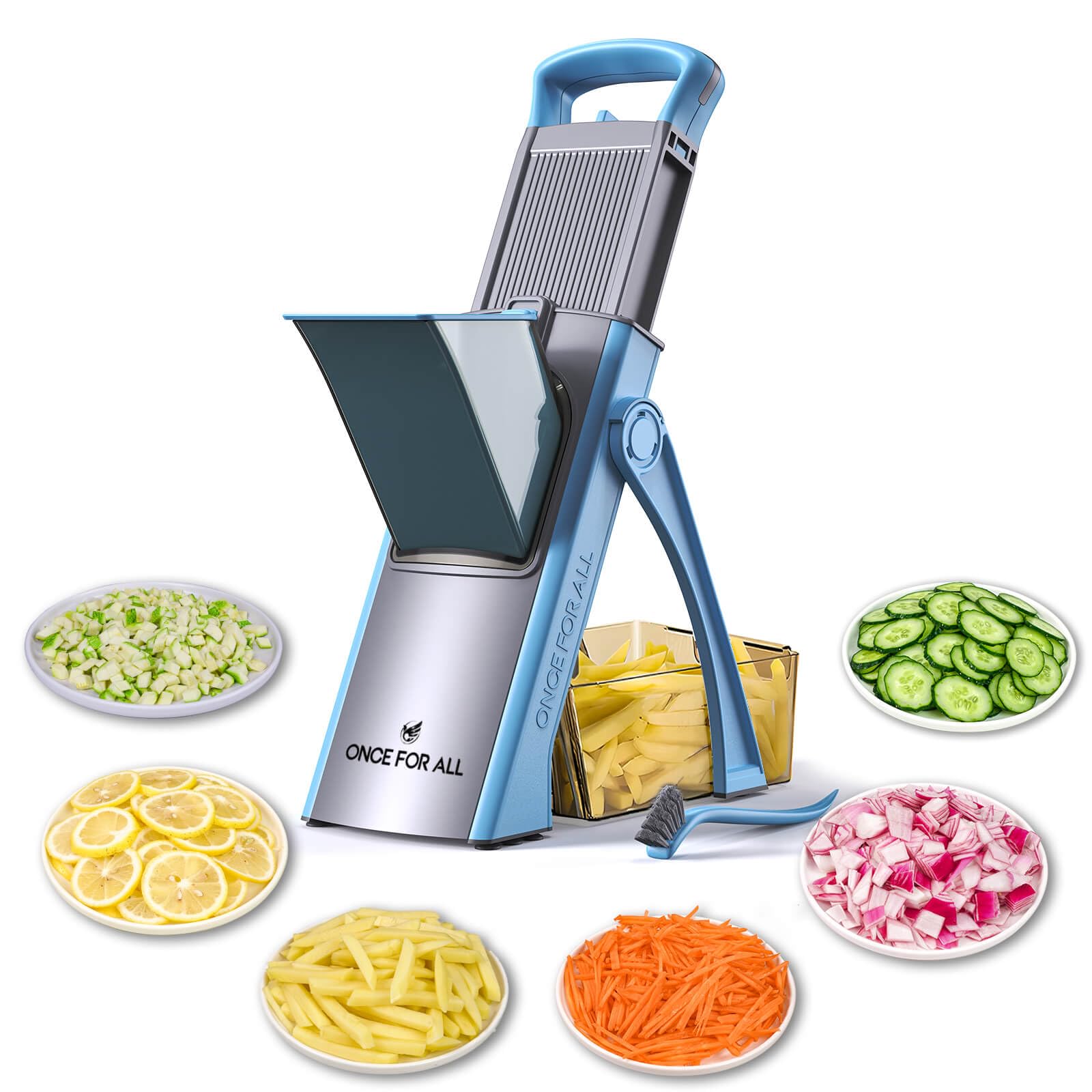 ONCE FOR ALL Upgrade Safe Mandoline Slicer Plus front view, precise cuts for uniform slicing.