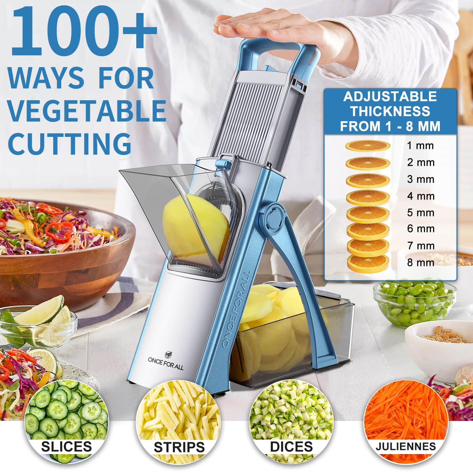 ONCE FOR ALL Upgrade Safe Mandoline Slicer Plus adjustable thickness range between 0.1 and 8 mm.