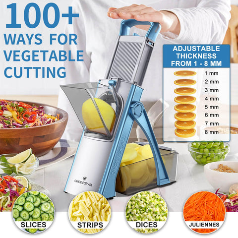 ONCE FOR ALL Upgrade Safe Mandoline Slicer Plus adjustable thickness range between 0.1 and 8 mm.