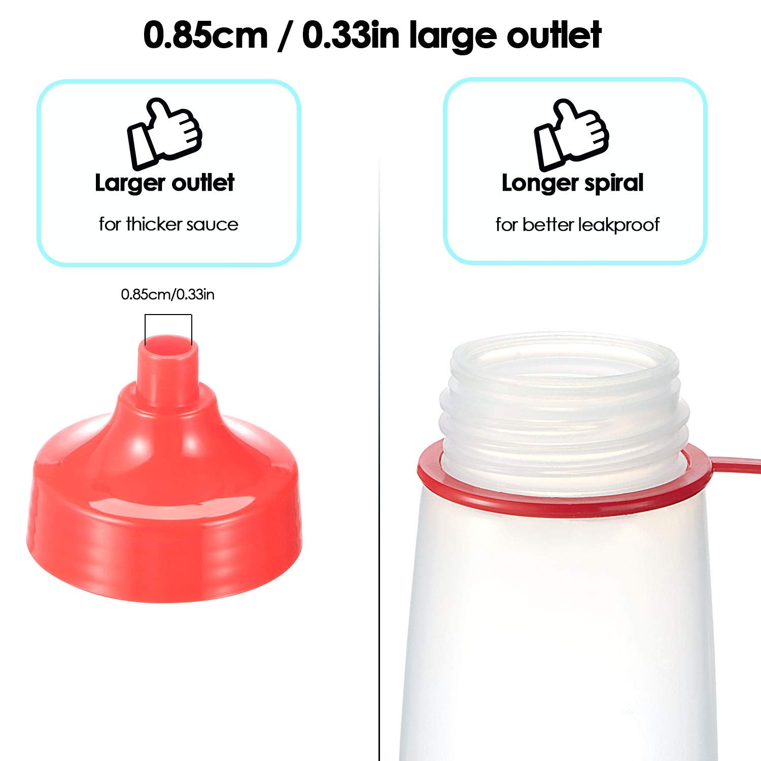 Ondiomn squeeze bottle outlet close-up showing 0.33 inch opening for thick sauces.