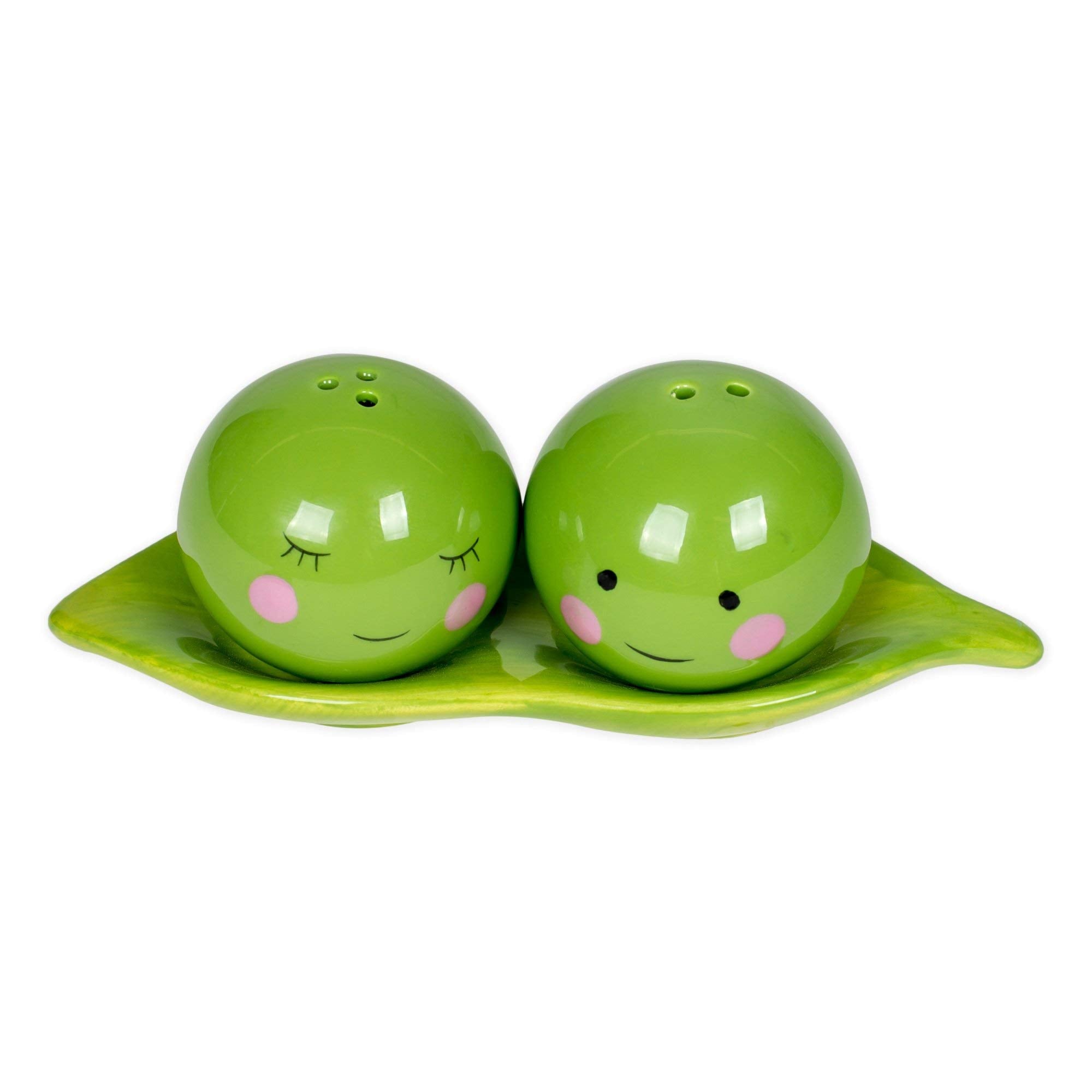One Hundred 80 Degrees peas in a pod green ceramic salt shakers set for stylish table decor.