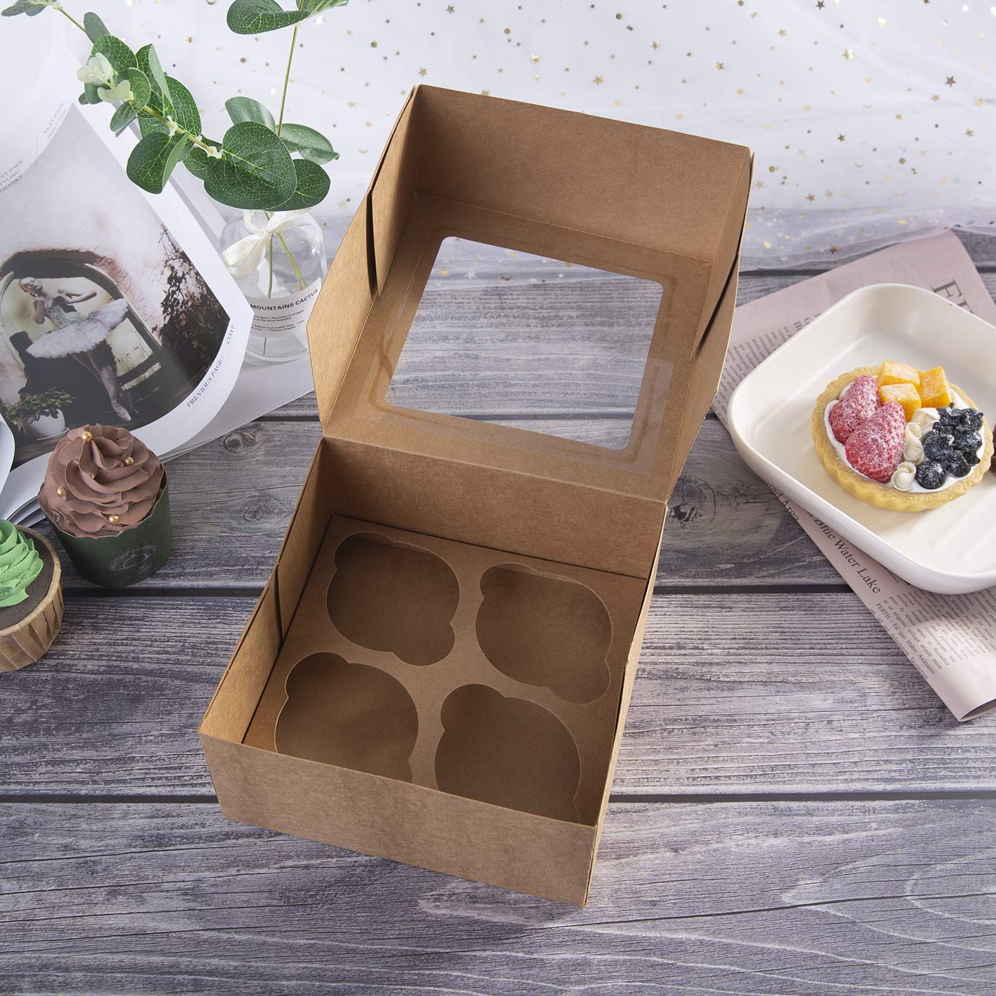 ONE MORE kraft cupcake box with clear window closeup showing contents.