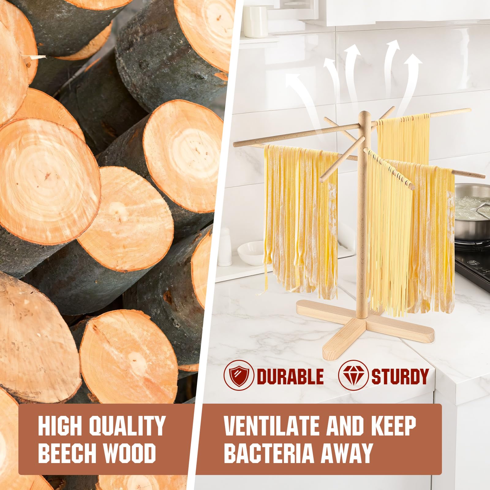 ONEARF pasta drying rack with 2 lb capacity handles spaghetti and fettuccine smoothly.