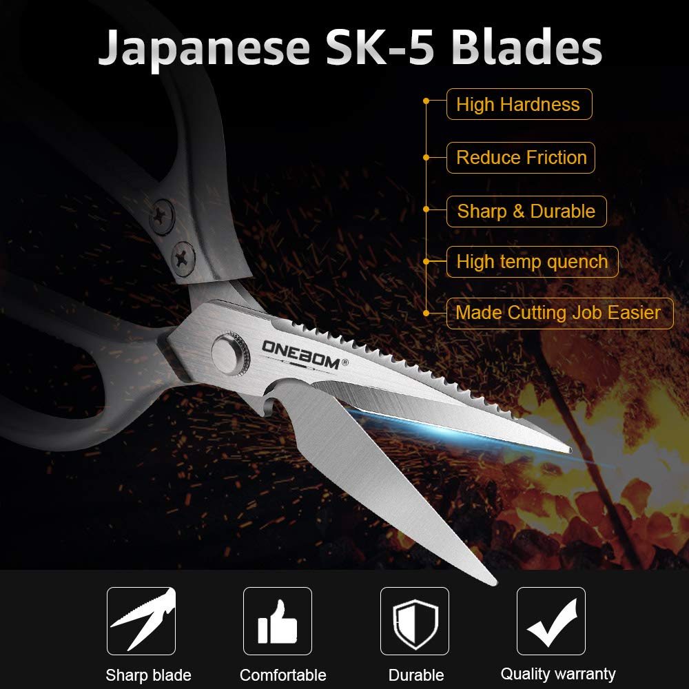 OneBom kitchen shears with ergonomic handle design for ambidextrous use.