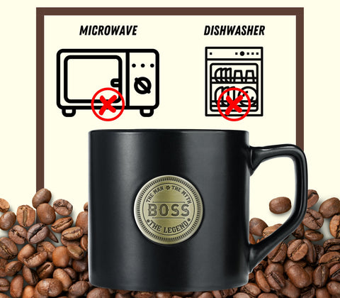 Onebttl Boss Gifts mug with glossy black glaze for stylish desk presence.