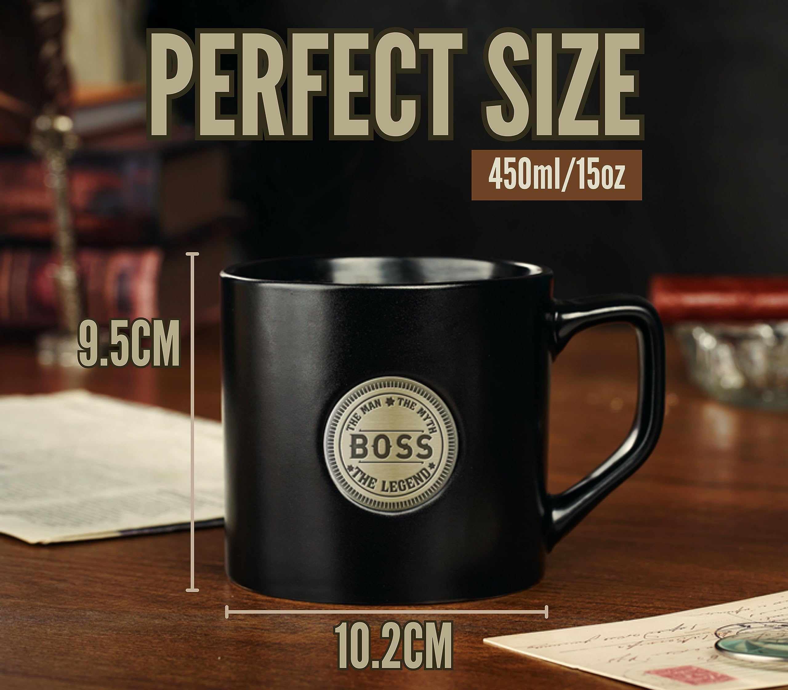 Onebttl Boss Gifts mug close-up showing the golden badge and premium glaze.