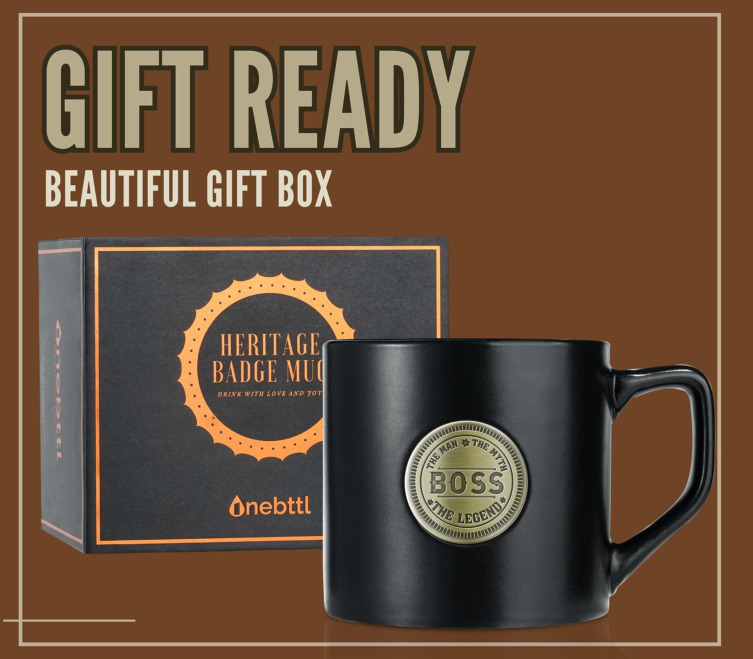 Onebttl Boss Gifts mug side view highlighting the classic black finish.