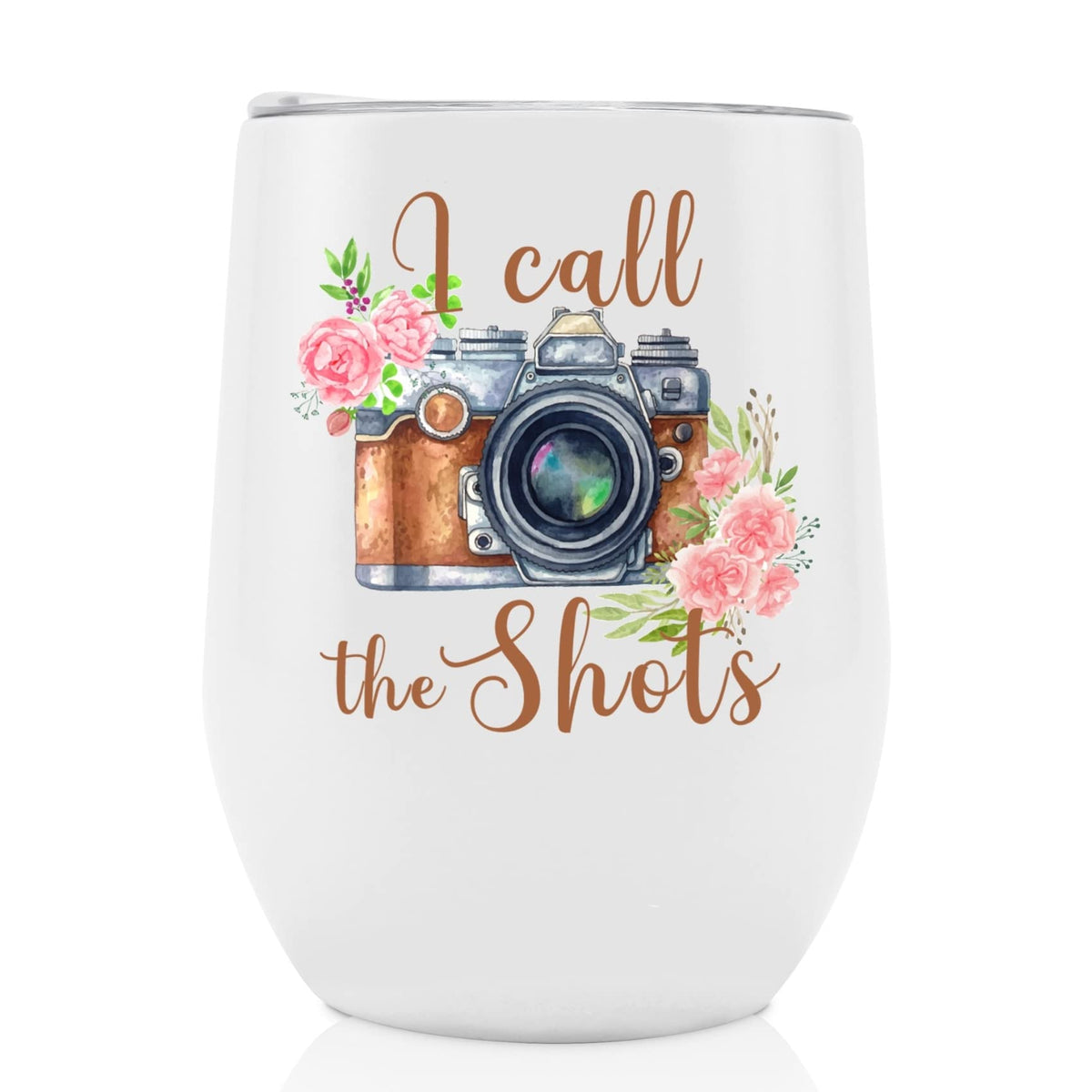 Onebttl camera sayings i call the shots tumbler in white, ideal for photographers.