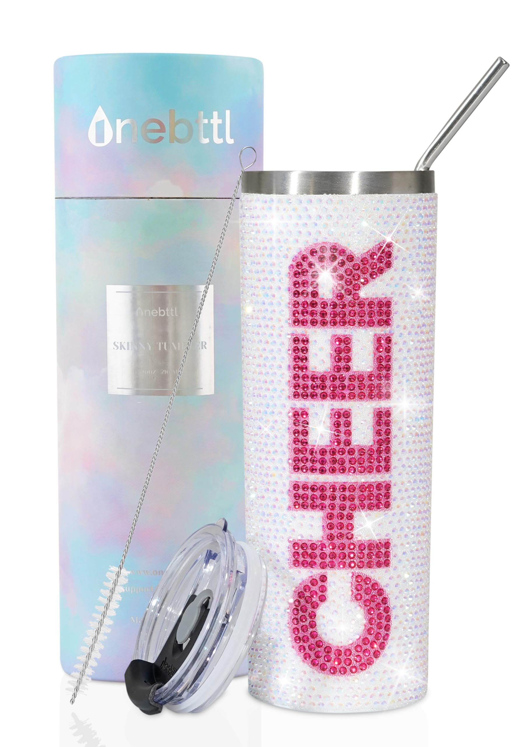 Onebttl Cheerleader Glitter Tumbler with diamond finish for on-the-go hydration.