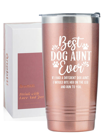 Onebttl dog aunt gift rose gold tumbler with lid keeps drinks cold during celebrations.