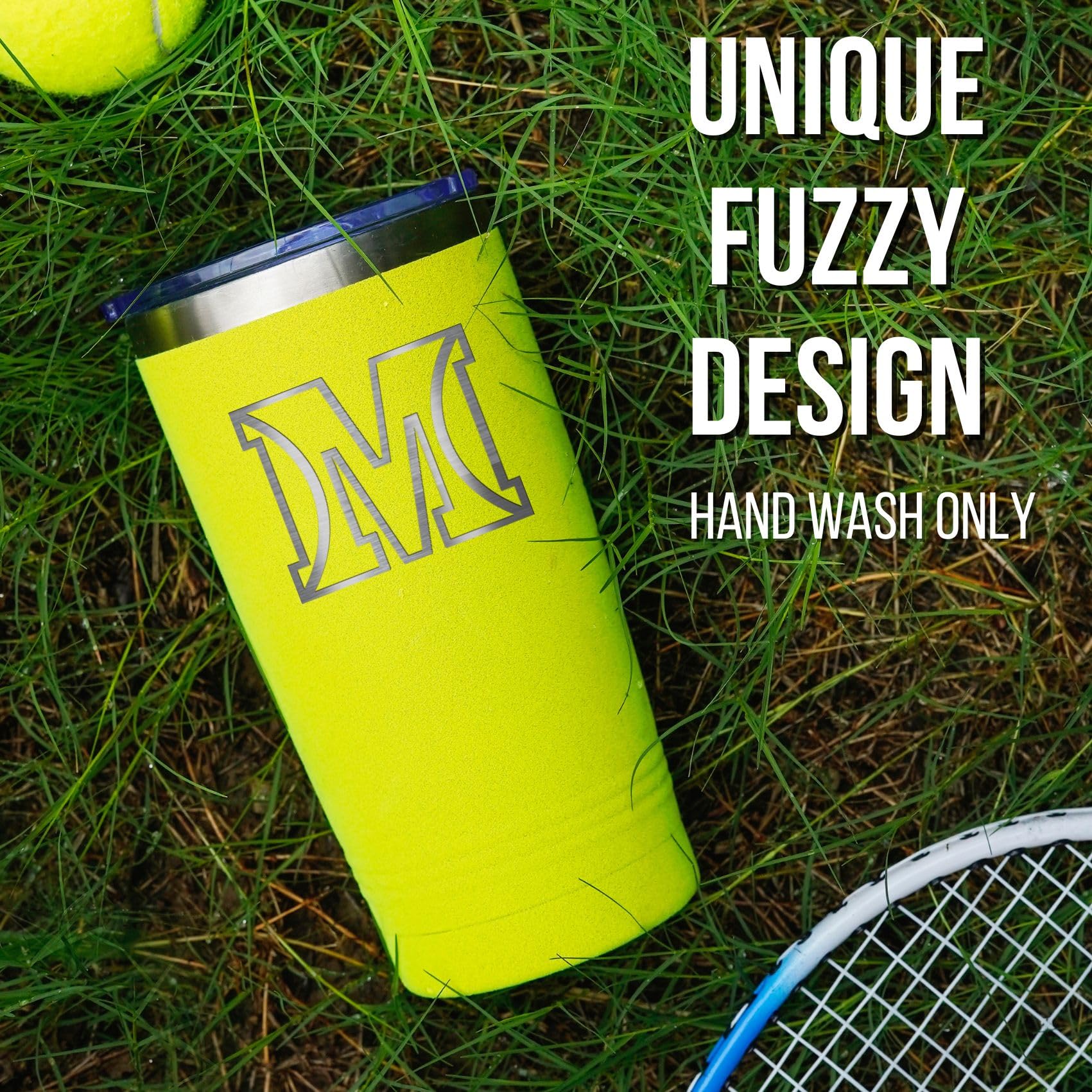 Onebttl double-sided lasered design tumbler showcases initials and tennis logo