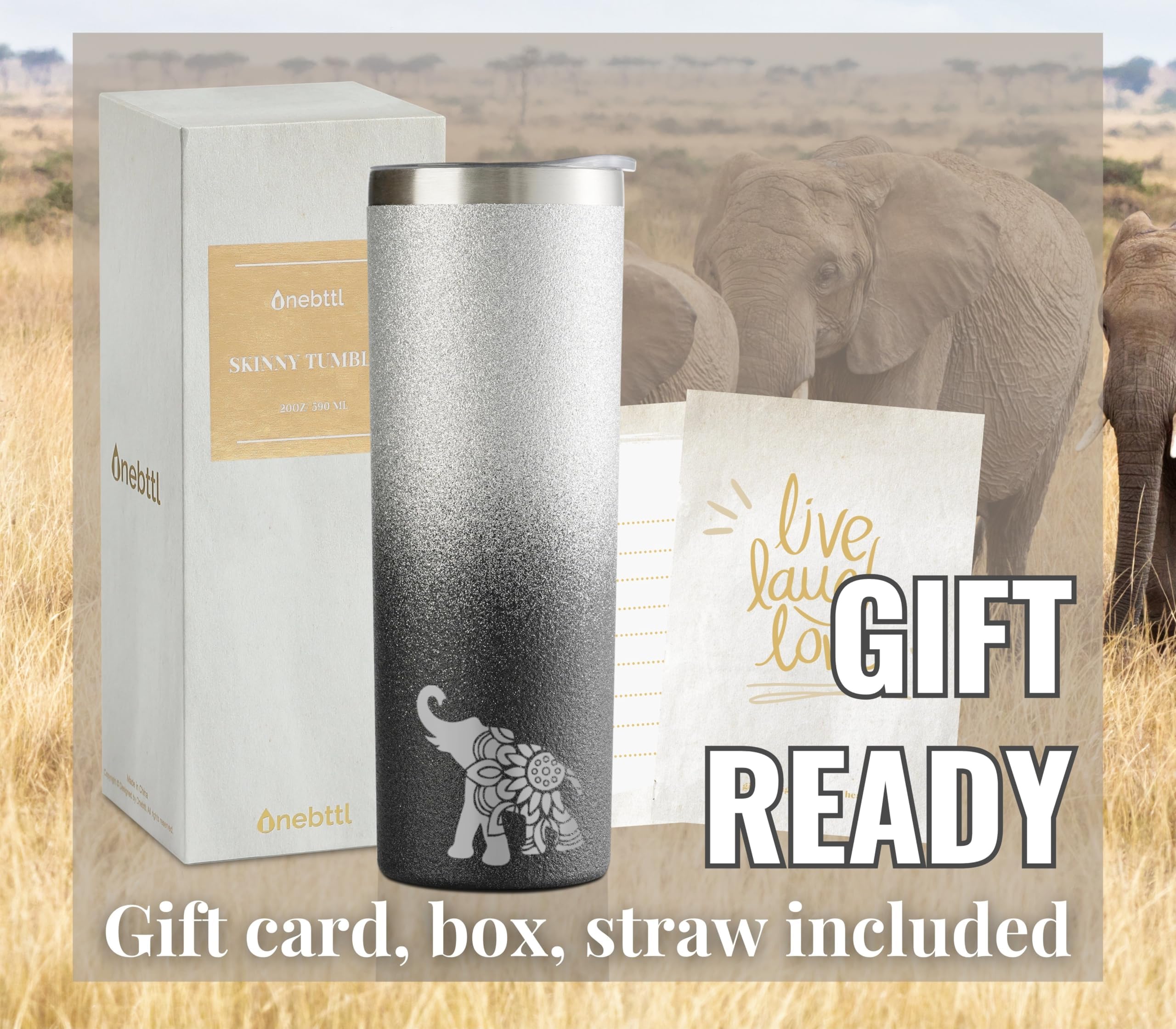 Onebttl elephant tumbler arrives gift-ready with box and card included.