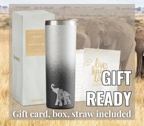 Onebttl elephant tumbler arrives gift-ready with box and card included.