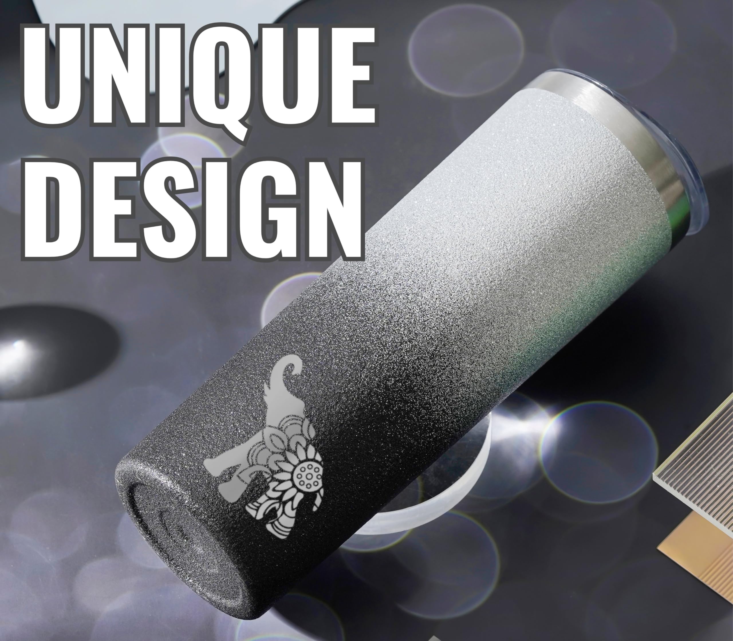 Onebttl elephant tumbler no-sweat coating keeps surfaces dry after use.