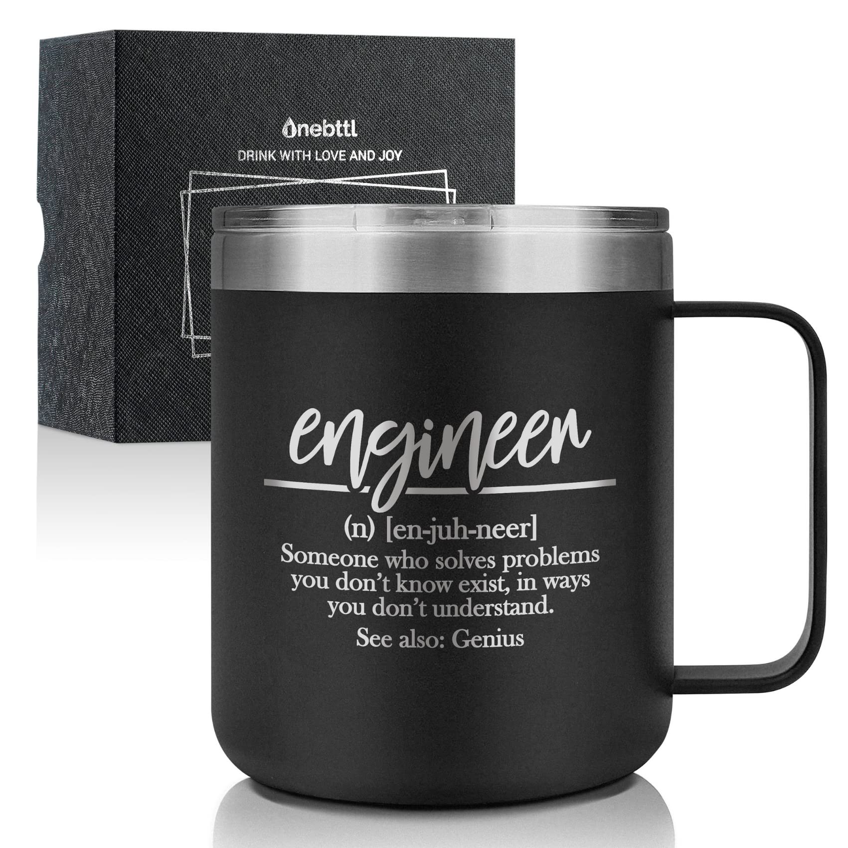 Onebttl Definition mug shown in black with engineering graphic for daily coffee ritual.