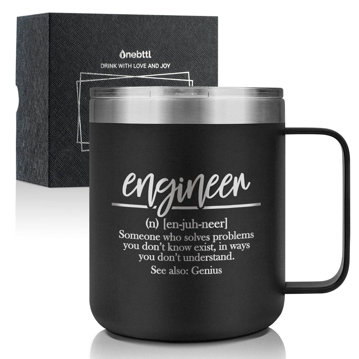 Onebttl Definition mug shown in black with engineering graphic for daily coffee ritual.