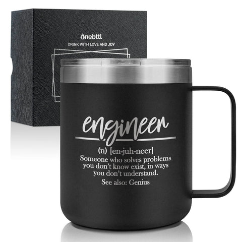 Onebttl Definition mug shown in black with engineering graphic for daily coffee ritual.
