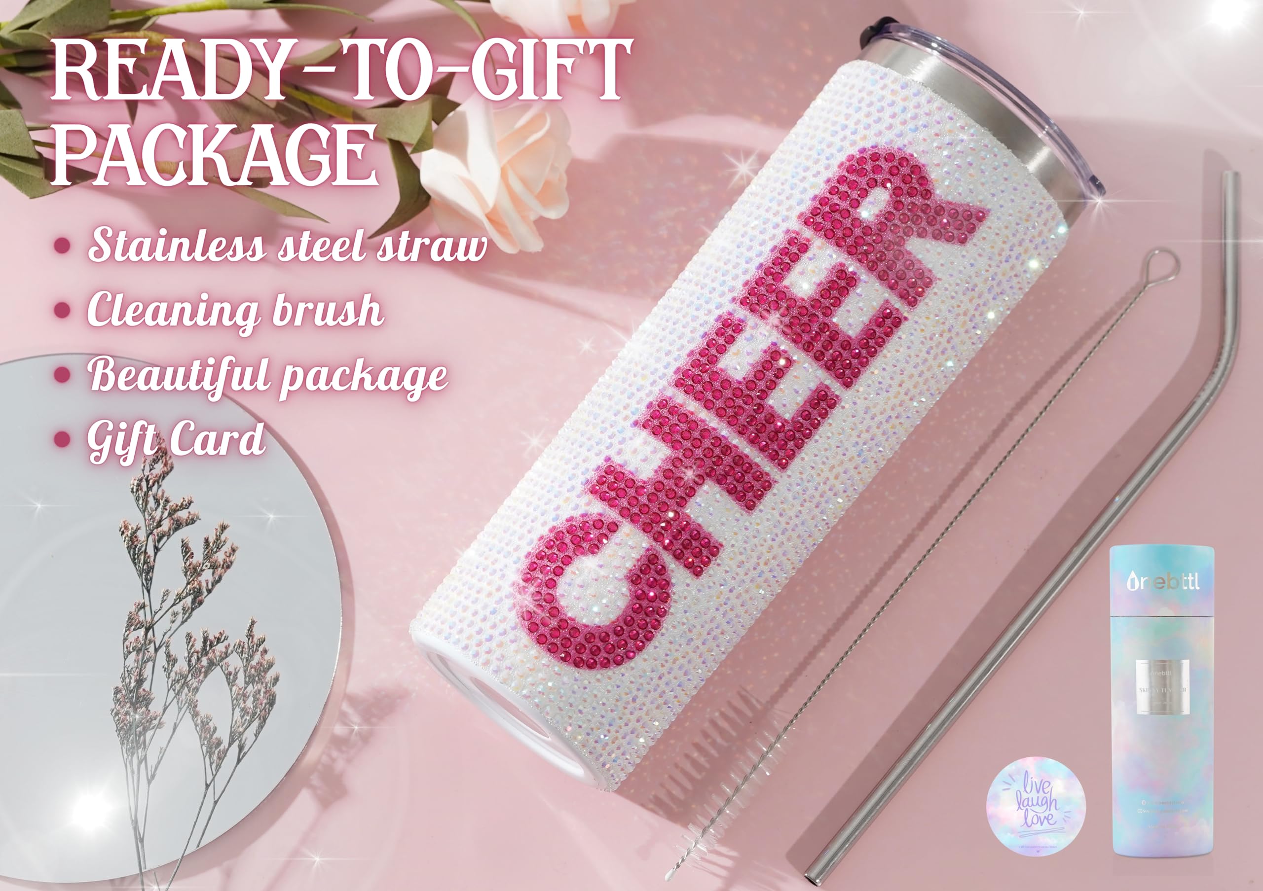 Onebttl Glitter tumbler gift idea for cheer squads and coaches.