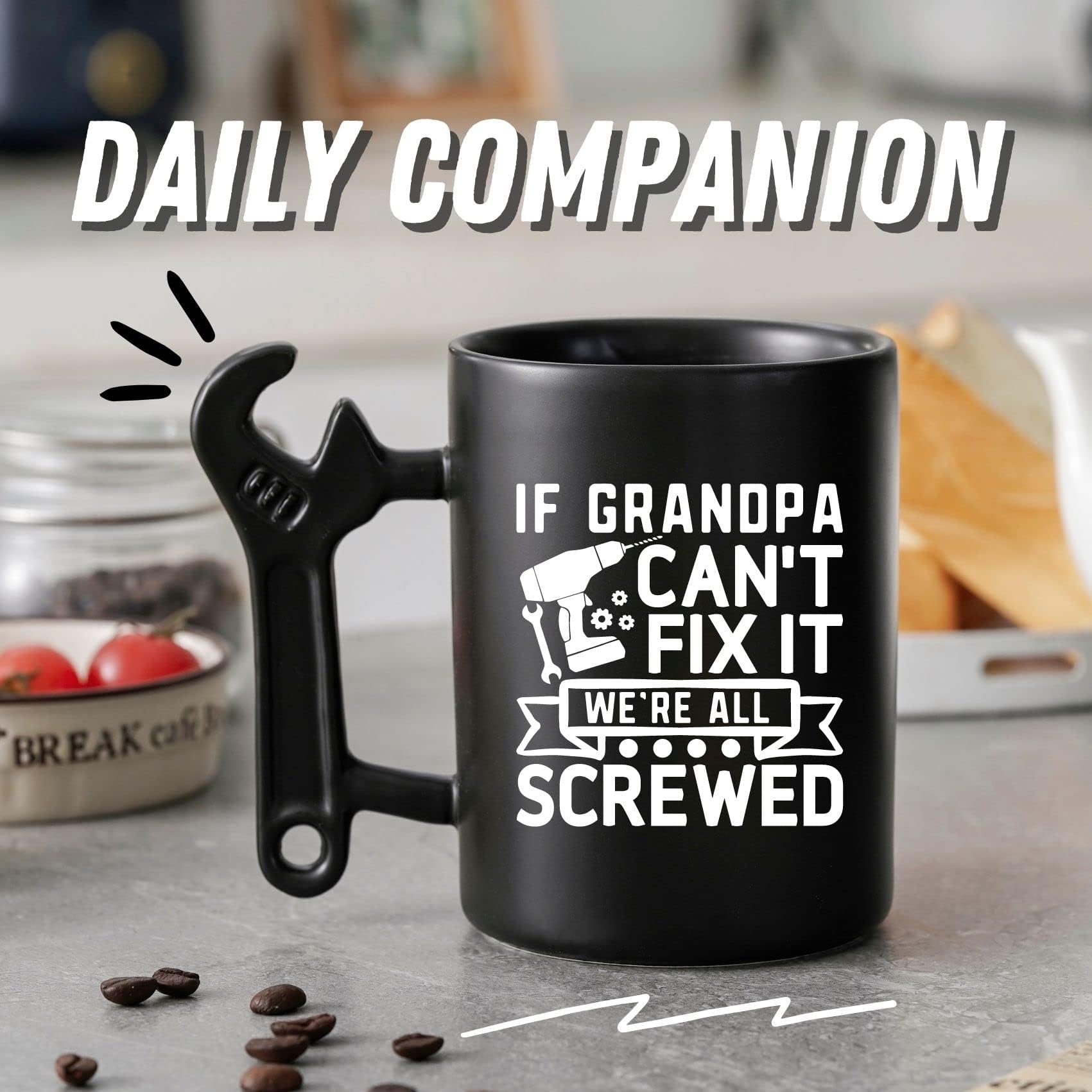 Onebttl grandpa wrench mug artwork closeup, a bold durable design.
