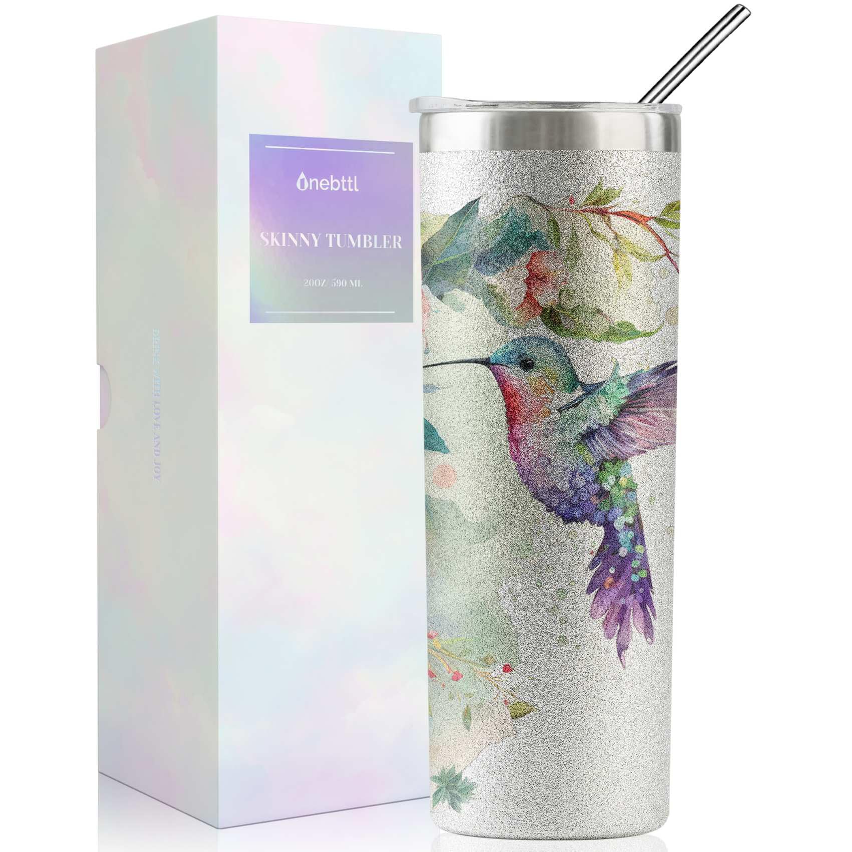 Onebttl hummingbird glitter tumbler with straw, ideal for on-the-go hydration