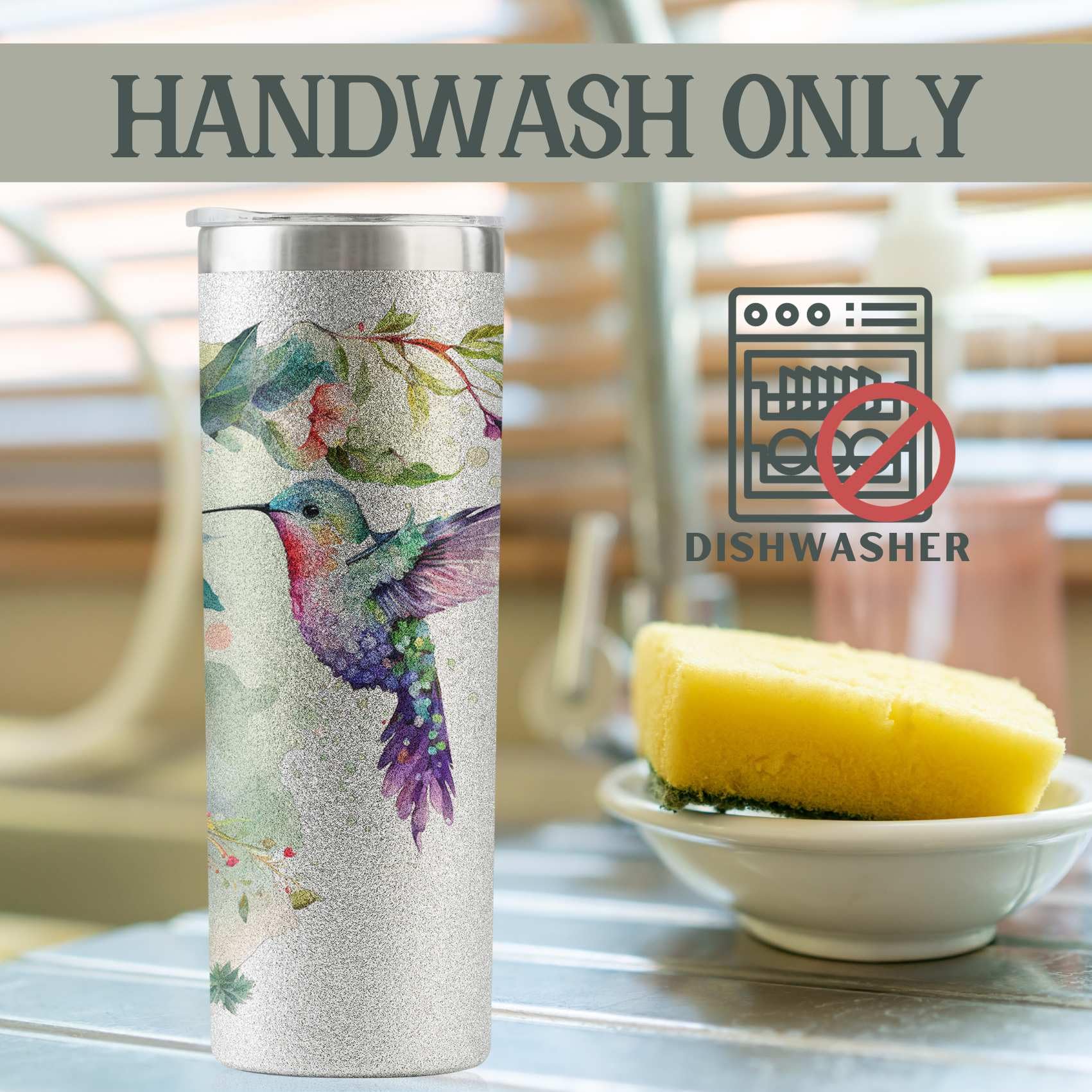 Onebttl hummingbird skinny tumbler with glitter finish