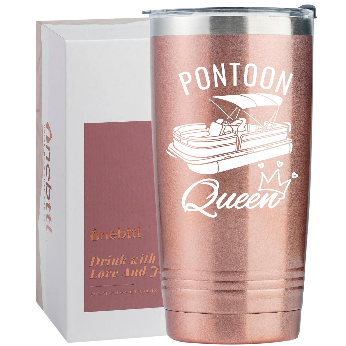Onebttl Pontoon Queen 20oz tumbler, rose gold, for boating on the water