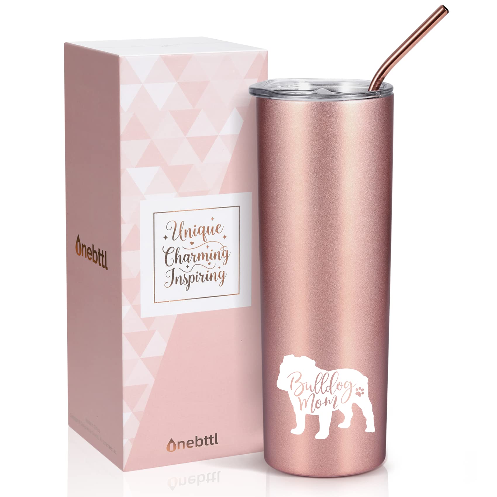 Onebttl rose gold 20oz tumbler top view shows spill-free portability for daily use.