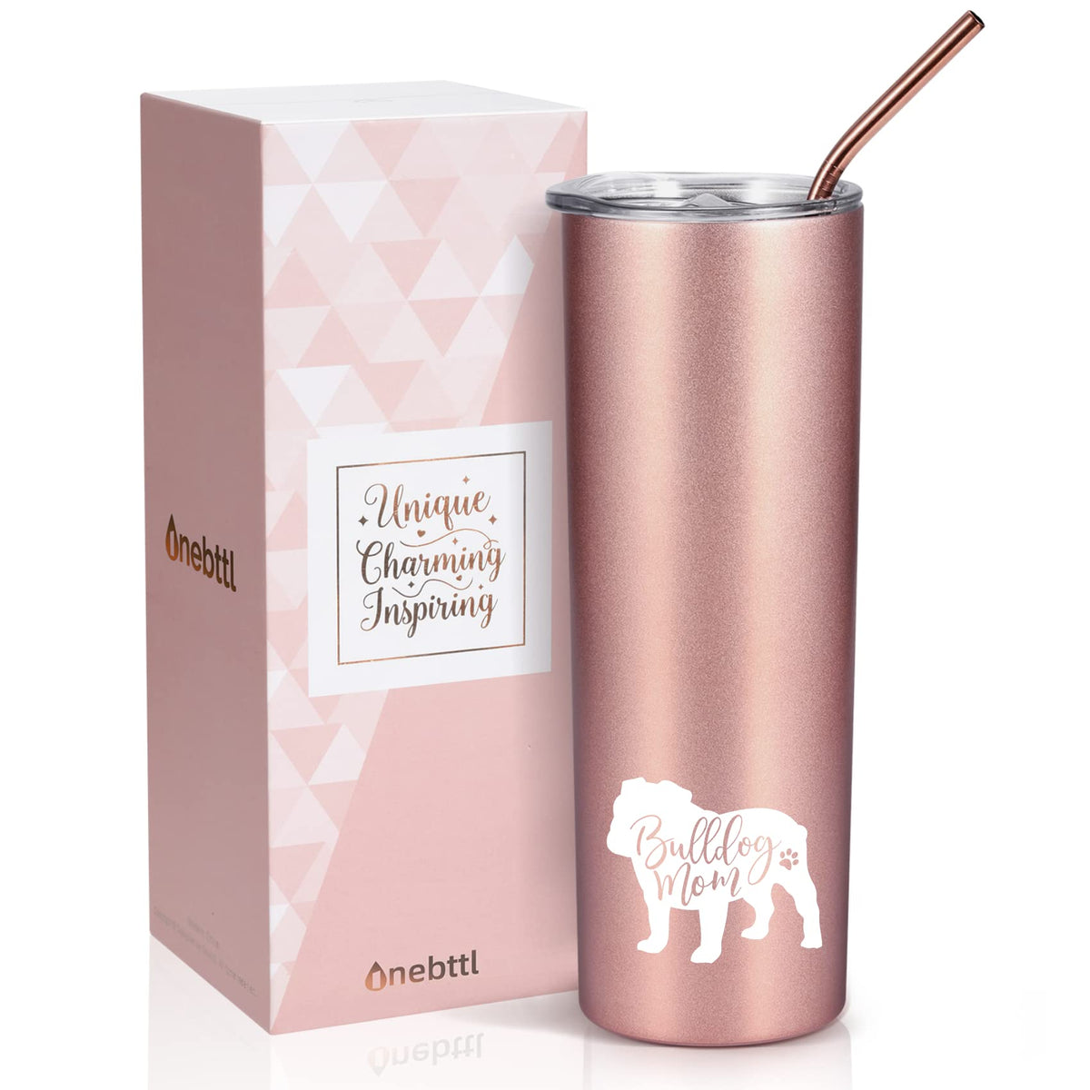 Onebttl rose gold 20oz tumbler top view shows spill-free portability for daily use.