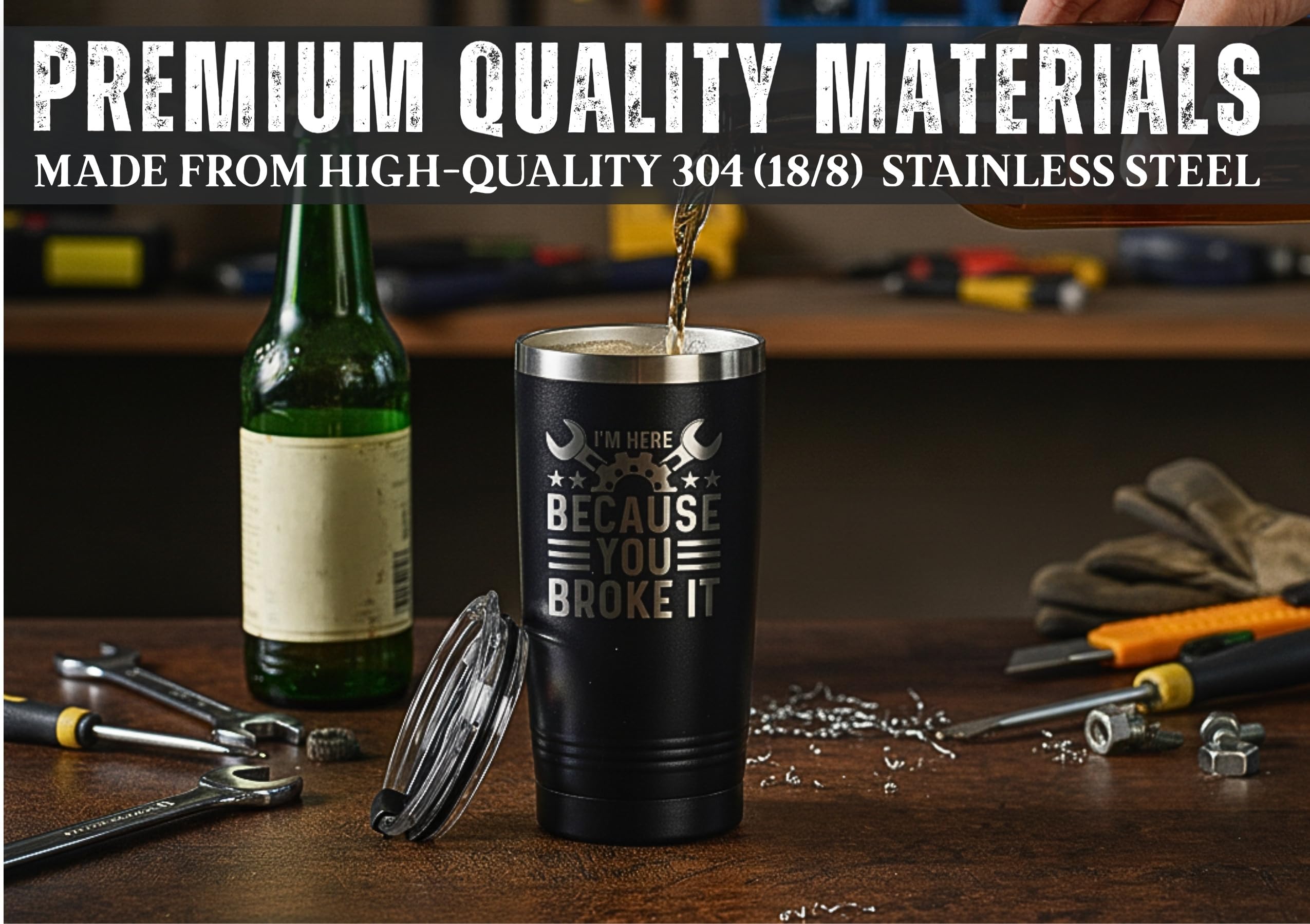 Onebttl stainless steel 20oz mug, durable and safe for beverages during shifts.